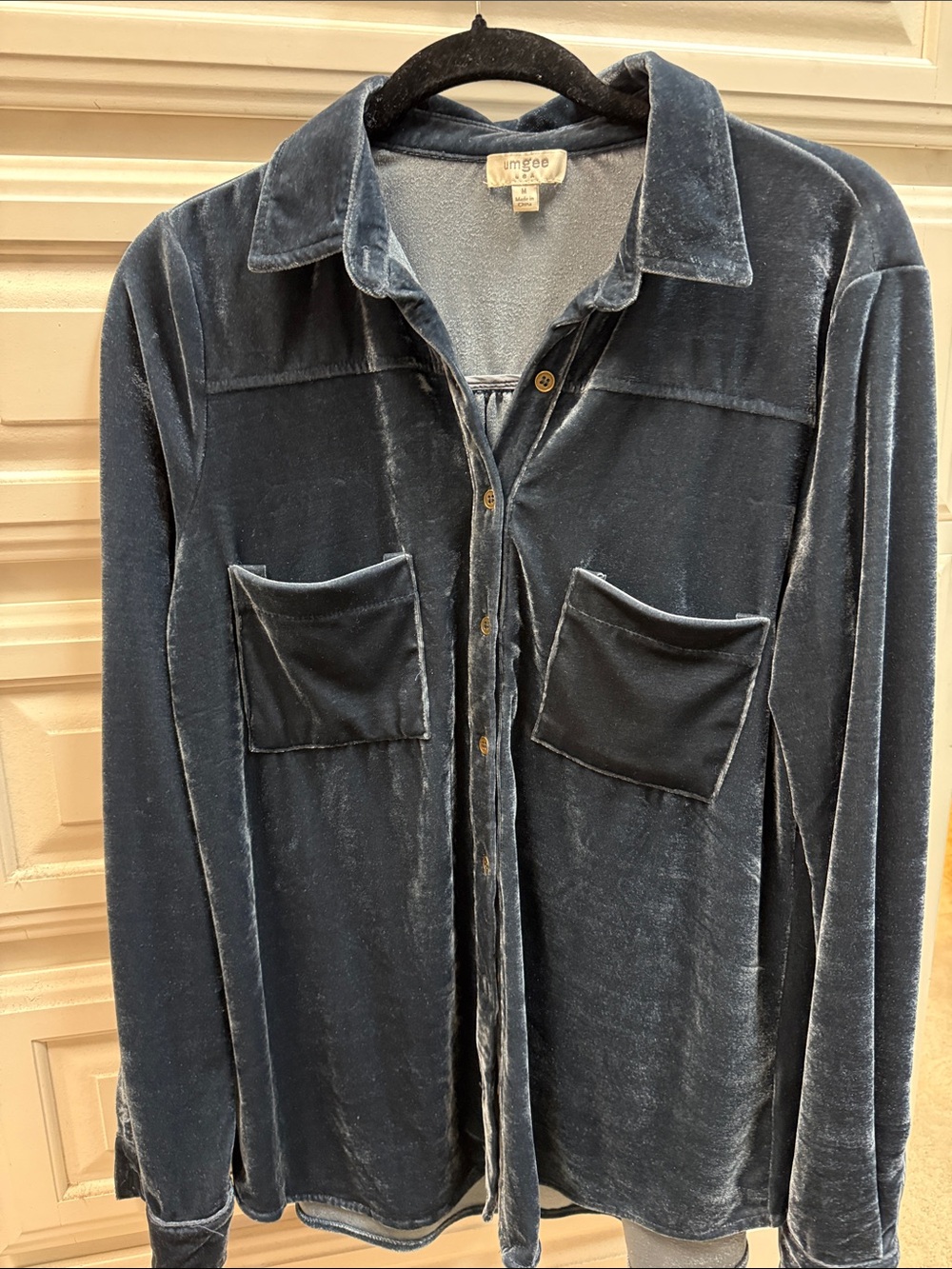 Umgee Velvet Button-Down Shirt Jacket - Steel Blue